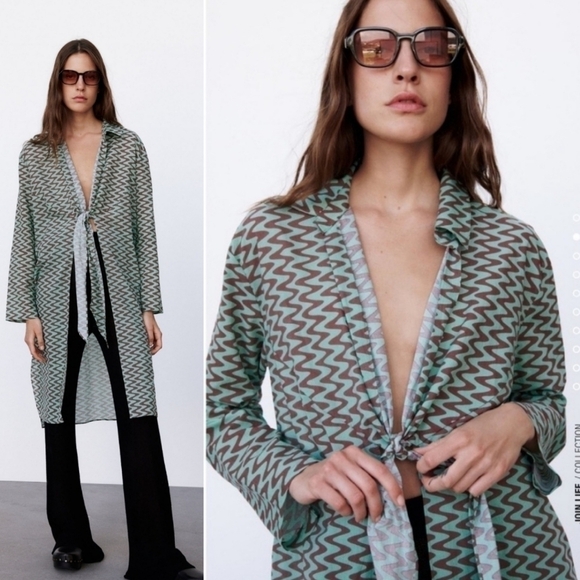 New Zara Printed Long Sleeve Sea Green Tunic/Swim Cover-Up/Blouse/Top NWT Large - Picture 1 of 15